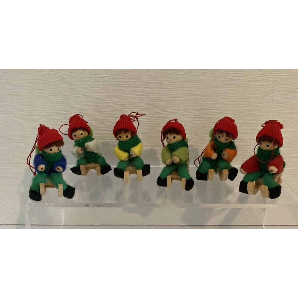 Napcoware Wood Ornaments Child on Sled Set of 6/box Handmade Vintage